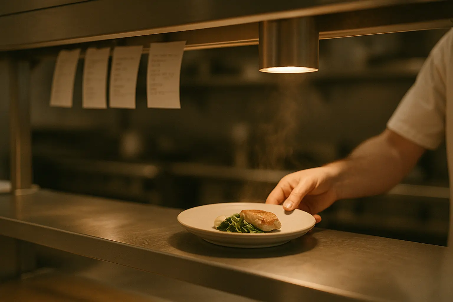 Chef’s pass with plated dishes and order tickets under warm heat lamps.
