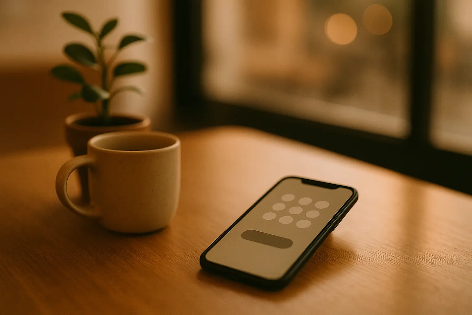 Phone on a café table showing a non-legible loyalty screen beside a coffee cup and a small plant.